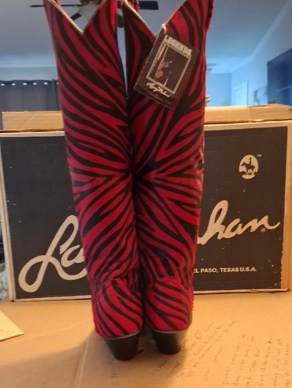 Larry Mahan Vintage Exotic Boots In Red And Black Calf Hair Zebra Print